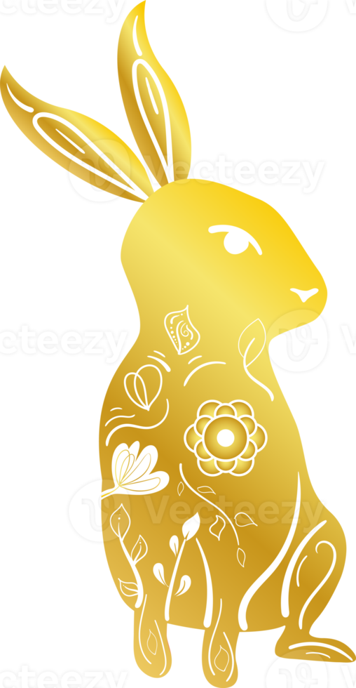 Chinese New Year Zodiac Gold Gradient Rabbit with White Floral Ornament png