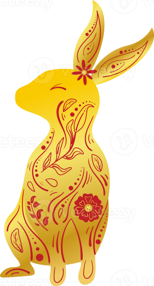 Chinese New Year Gold Gradient Zodiac Rabbit with Red Floral Ornament png