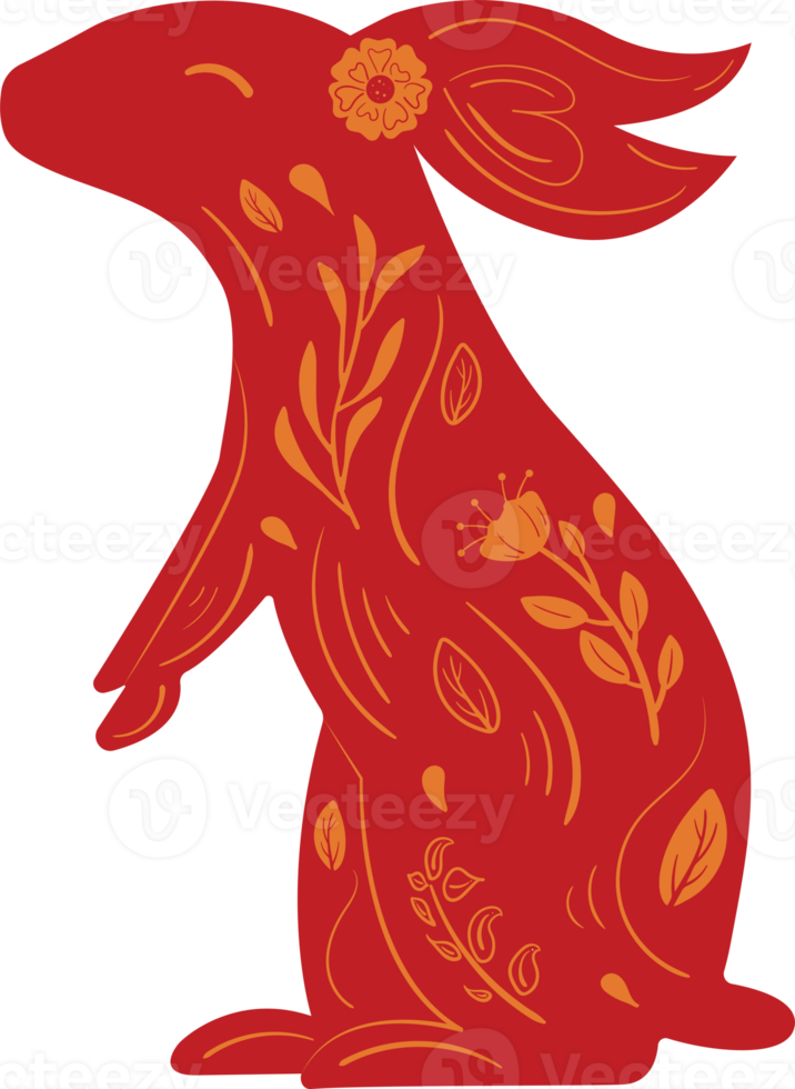 Chinese New Year Red Zodiac Rabbit with Orange Floral Ornament png