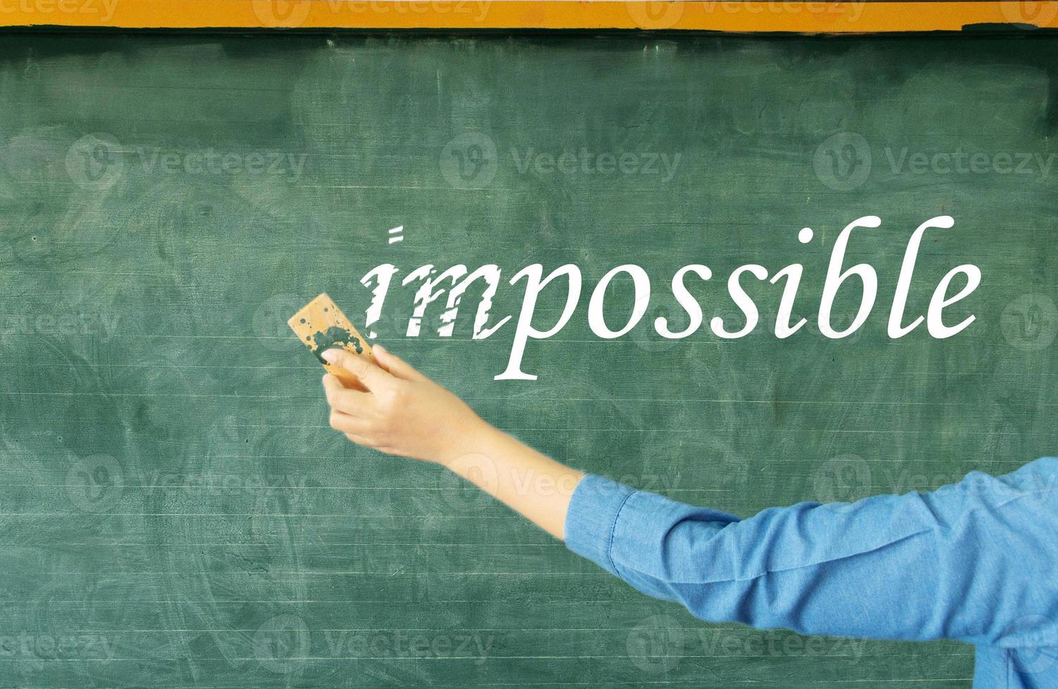 hand erasing prefix of impossible on chalkboard photo