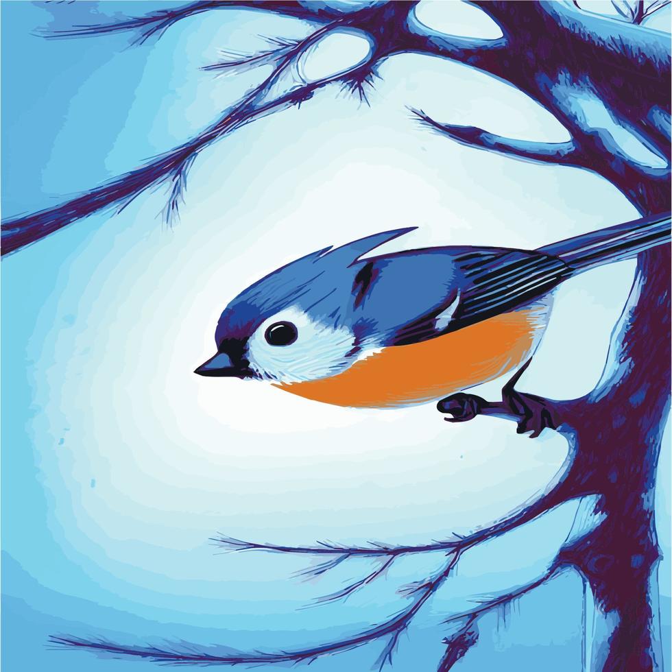 Vector realistic detailed vector illustration winter birds branches. Winter design elements Christmas, holidays. sitting branch. Winter background. Tree branch without leaves with flying birds.