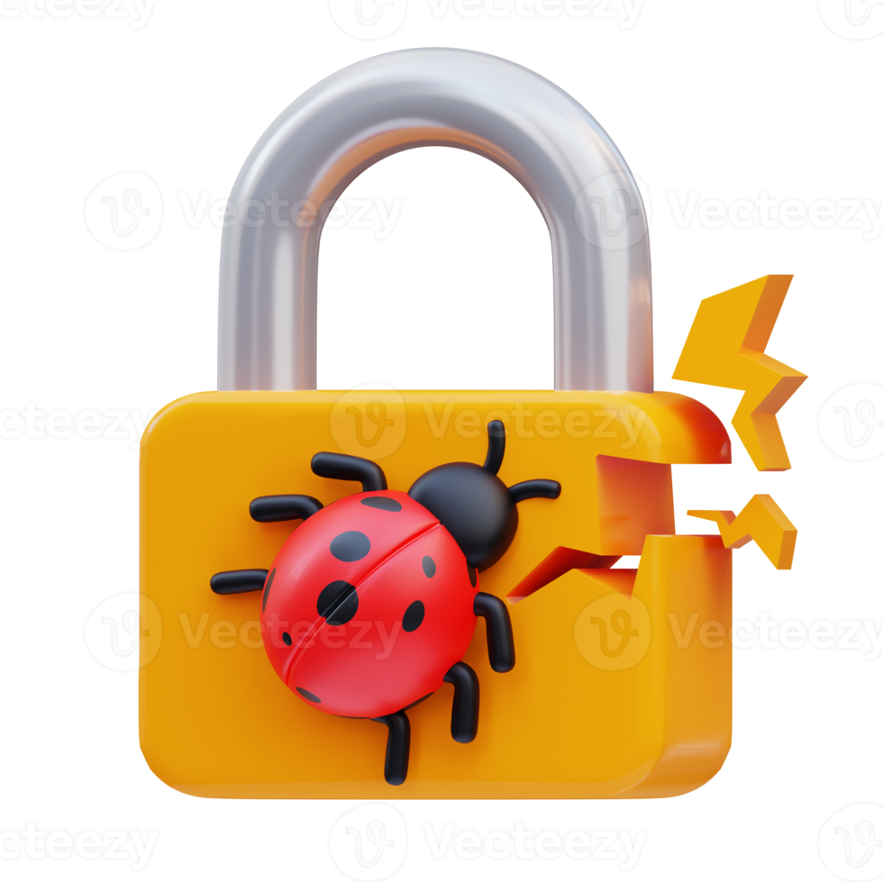 3d rendering of cyber security lock icon illustration broken by virus png