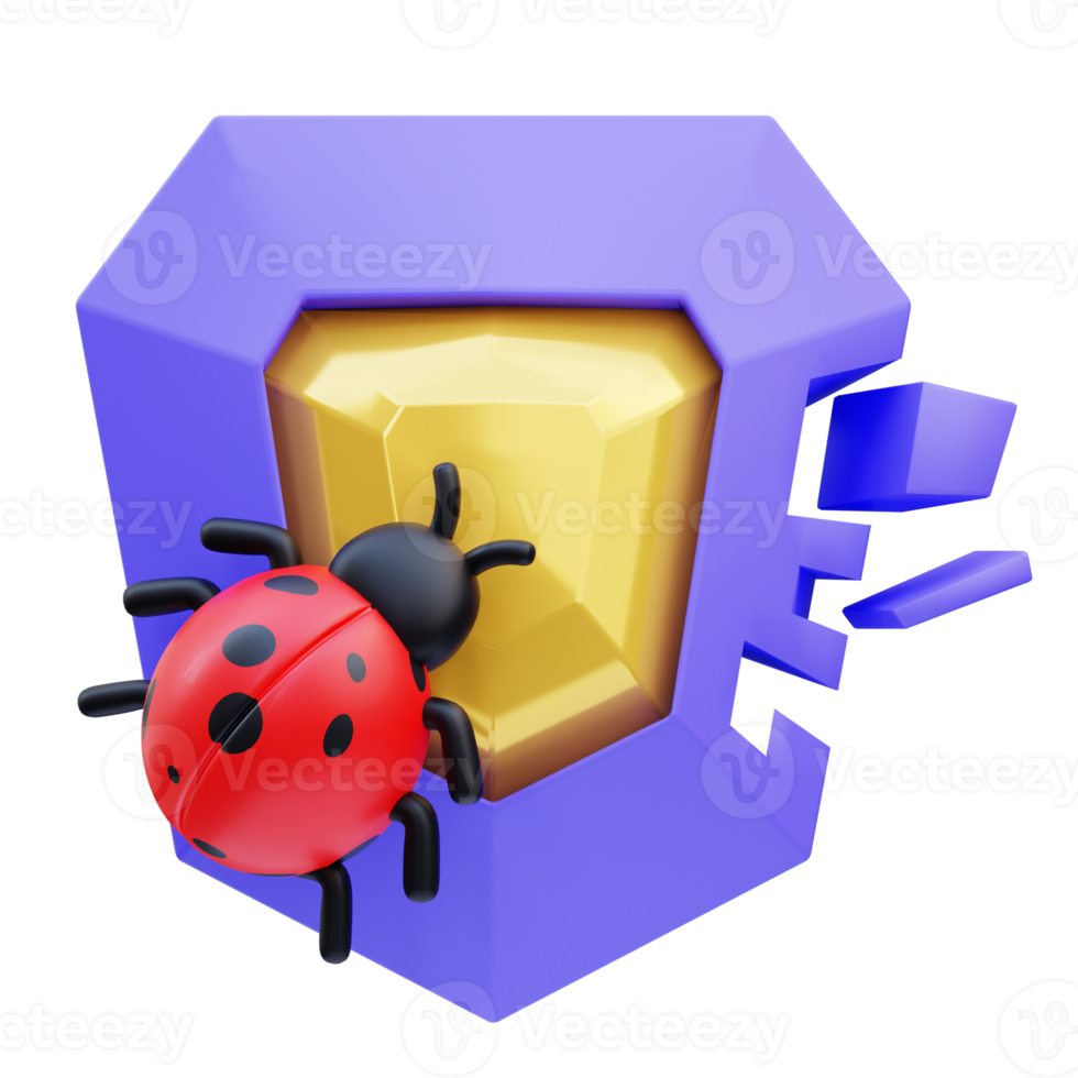 3d rendering of virus-damaged cyber security shield icon illustration png