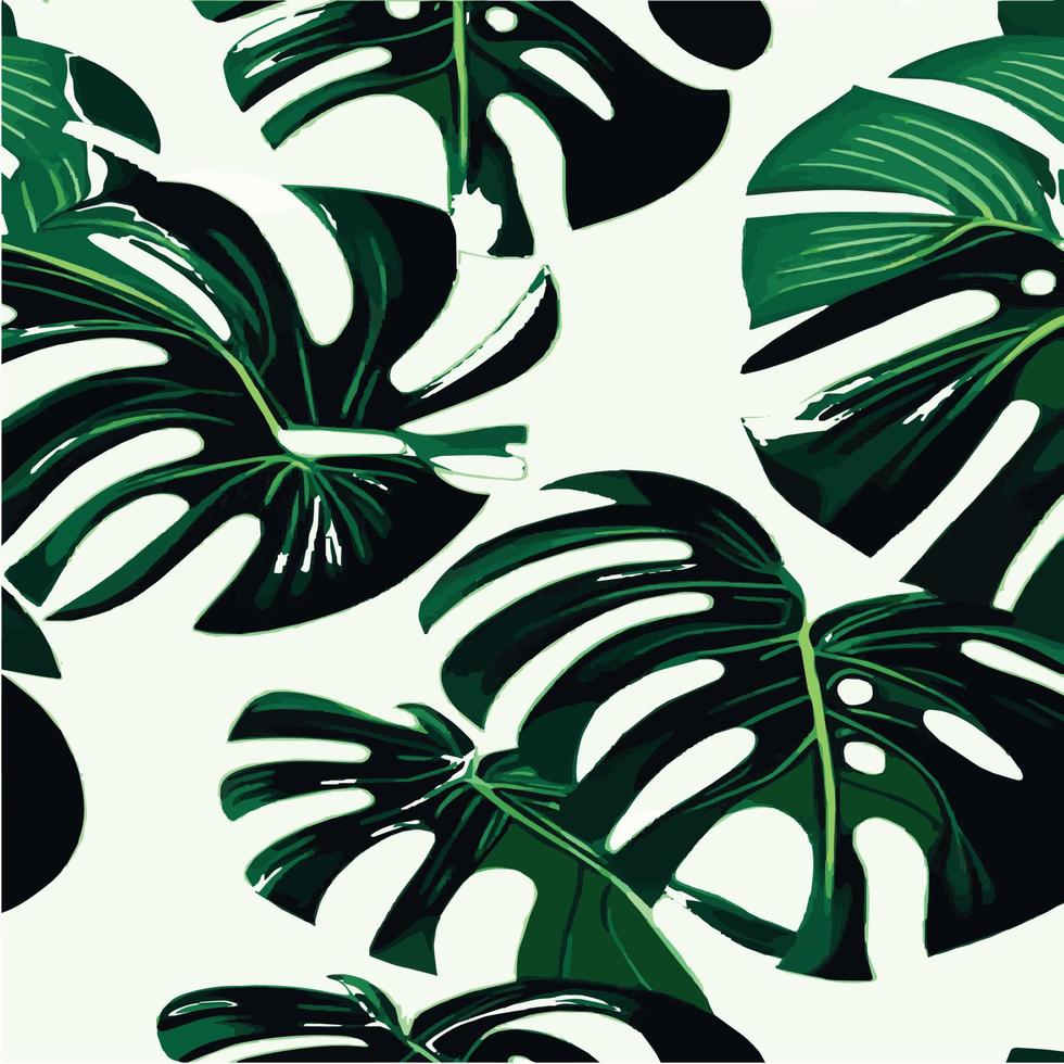 green monstera pattern white background. exotic pattern with tropical leaves. Vector illustration. monstera leaf pattern. Tropical palm leaves. Exotic design fabric, textile print, wrapping paper