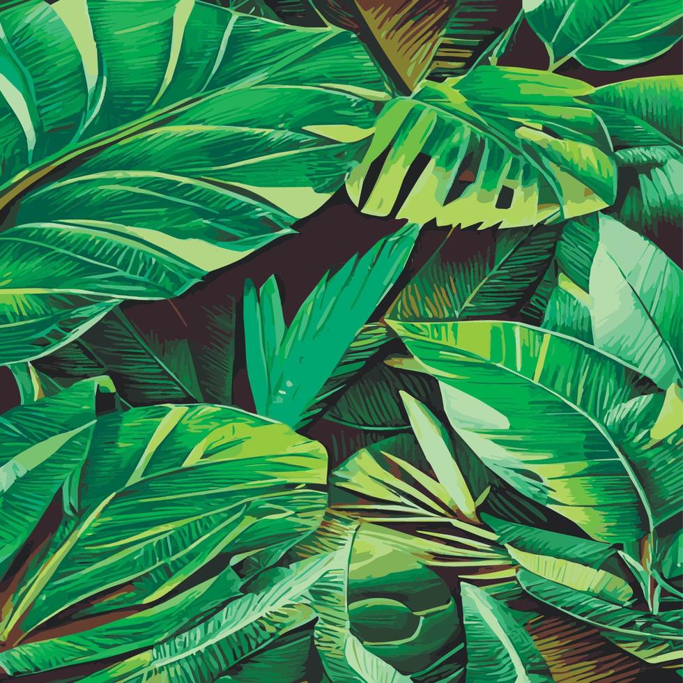 ilustración de vector de selva con patrón de hojas tropicales. impresión de verano de moda. exótico patrón sin costuras. hojas tropicales turquesas y verdes. fondo de pantalla de la jungla exótica.