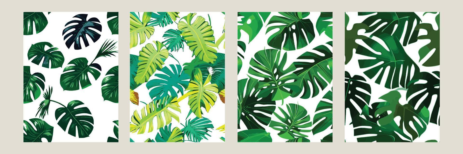 green monstera as a pattern on a white background. exotic pattern with tropical leaves. Vector illustration. set of square posters