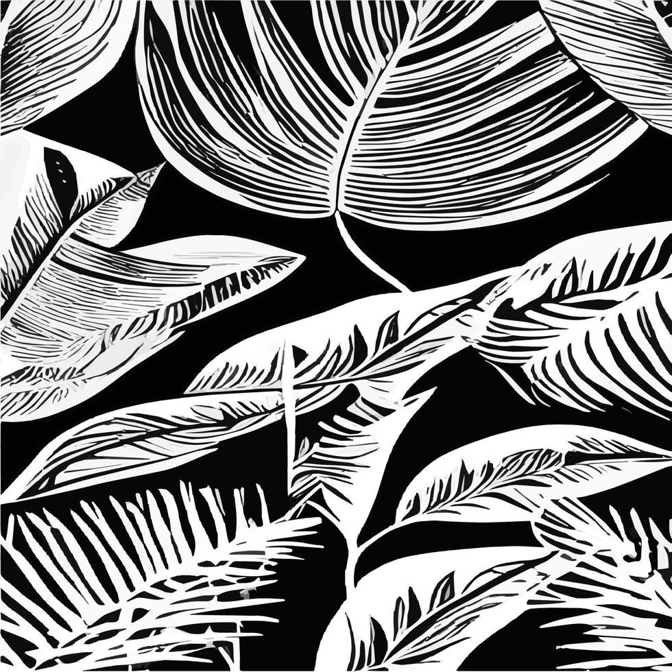 Exotic leaves seamless pattern in black and white. Stylish abstract vector decorative background. Tropical palm leaves, jungle leaf seamless vector floral pattern. Grunge tropical style wallpaper.