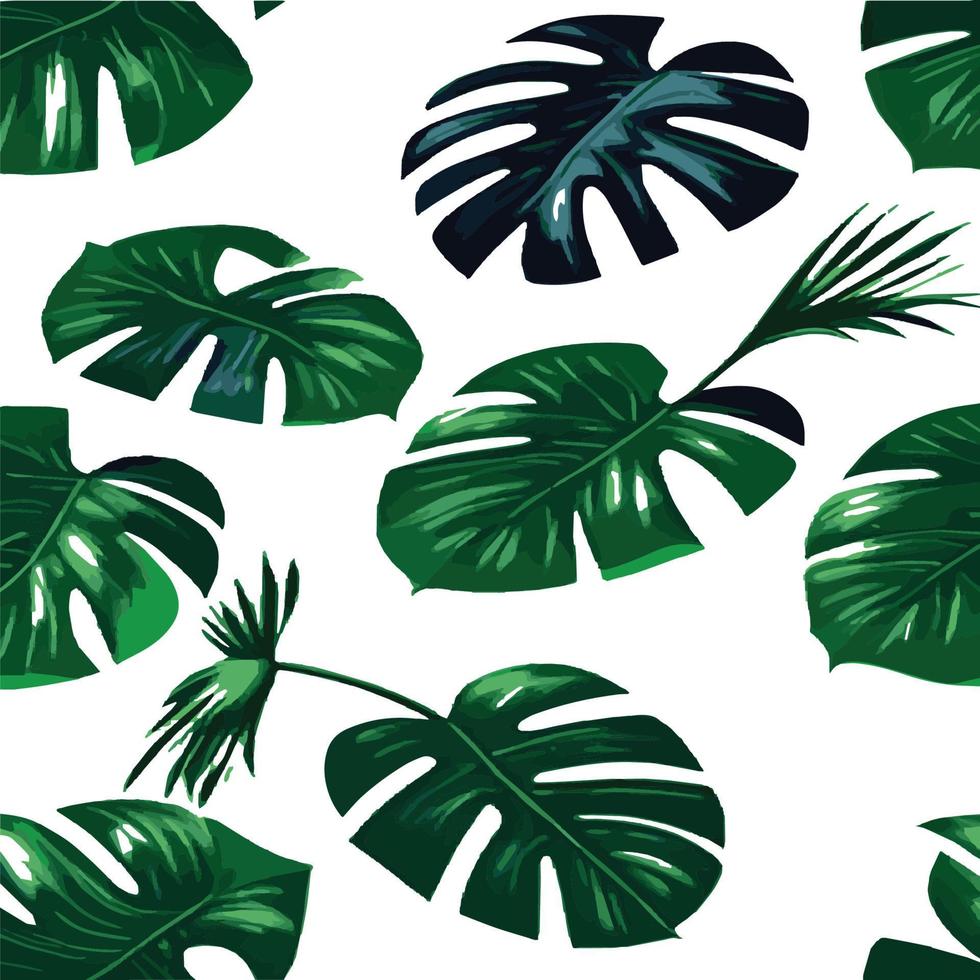 patrón de monstera verde fondo blanco. patrón exótico con hojas tropicales. ilustración vectorial patrón de hoja de monstera. hojas de palmeras tropicales. tela de diseño exótico, estampado textil, papel de regalo vector