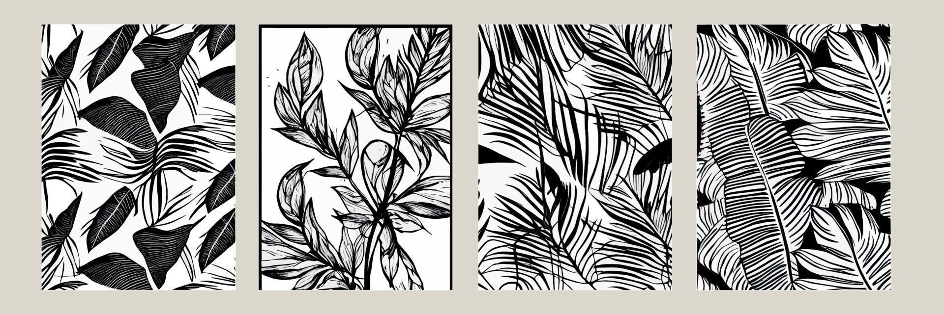 set exotic leaves seamless pattern black white. Stylish abstract vector decorative background. Tropical palm leaves, jungle leaf seamless vector floral pattern. Grunge tropical style wallpaper.