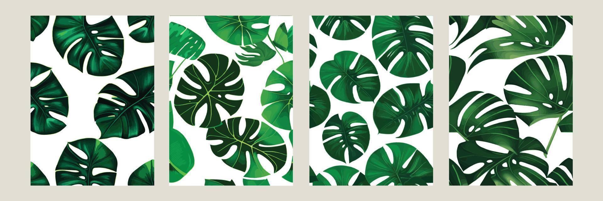 monstera verde como un patrón sobre un fondo blanco. patrón exótico con hojas tropicales. ilustración vectorial conjunto de carteles cuadrados vector