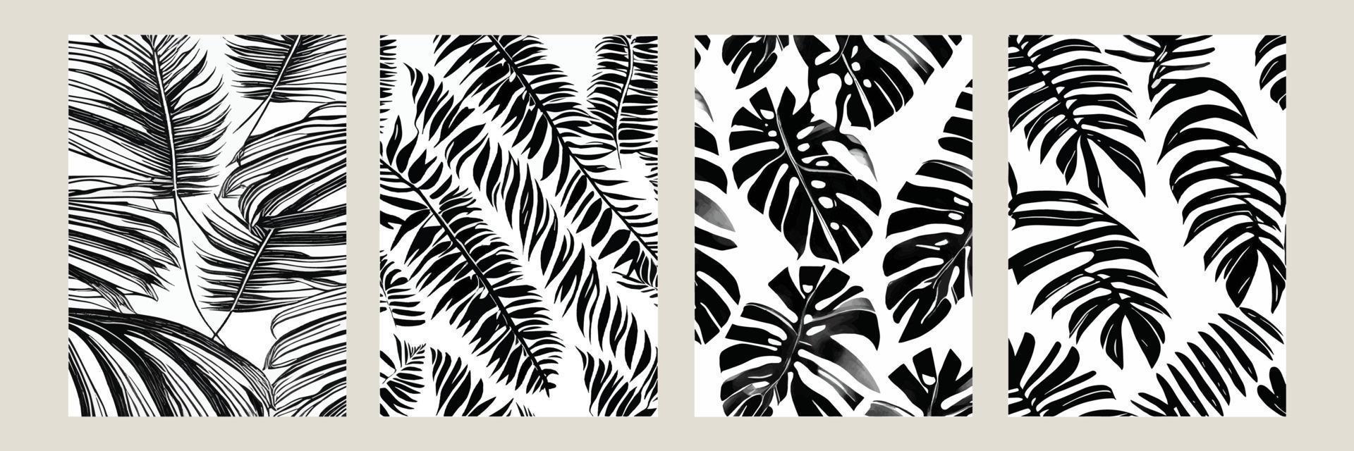 establecer hojas exóticas de patrones sin fisuras en blanco y negro. Fondo decorativo elegante vector abstracto. hojas de palma tropical, patrón floral vectorial sin costuras de hoja de selva. fondo de pantalla de estilo tropical grunge.