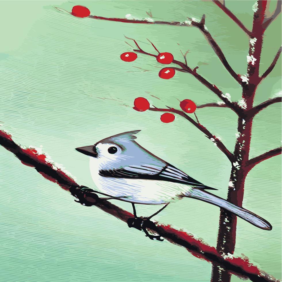 Vector realistic detailed vector illustration winter birds branches. Winter design elements Christmas, holidays. sitting branch. Winter background. Tree branch without leaves with flying birds.