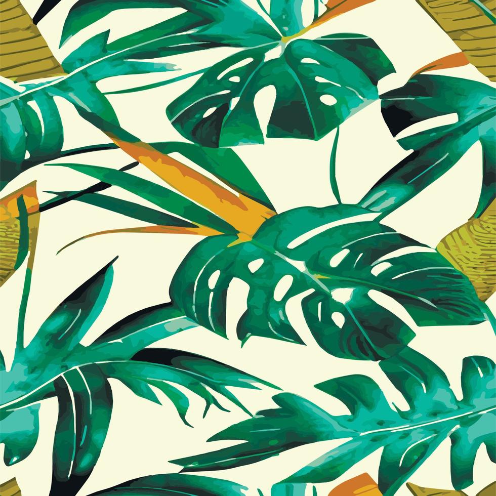 ilustración de vector de selva con patrón de hojas tropicales. impresión de verano de moda. exótico patrón sin costuras. hojas tropicales turquesas y verdes. fondo de pantalla de la jungla exótica.