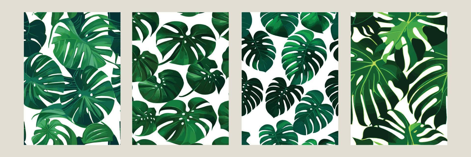 monstera verde como un patrón sobre un fondo blanco. patrón exótico con hojas tropicales. ilustración vectorial conjunto de carteles cuadrados vector