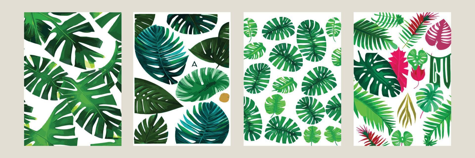 monstera verde como un patrón sobre un fondo blanco. patrón exótico con hojas tropicales. ilustración vectorial conjunto de carteles cuadrados vector