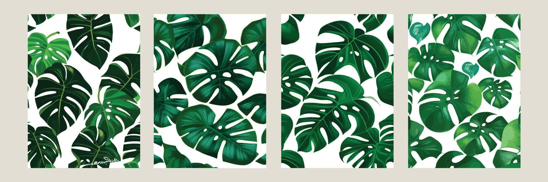 green monstera as a pattern on a white background. exotic pattern with tropical leaves. Vector illustration. set of square posters