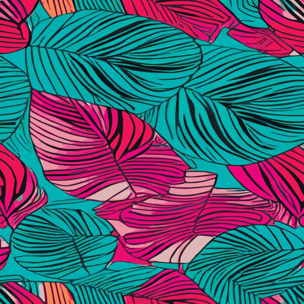 Jungle vector illustration with tropical leaves patern. Trendy summer print. Exotic seamless pattern. turquoise and green tropical leaves. Exotic jungle wallpaper.