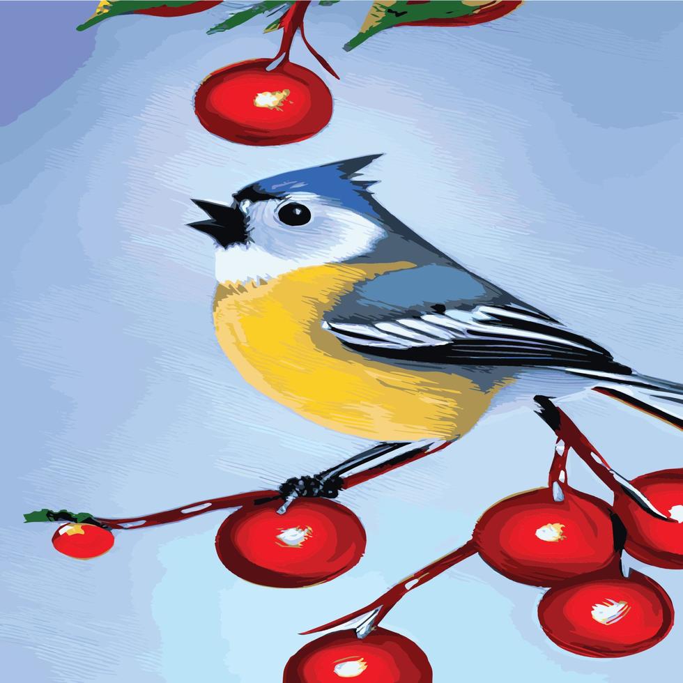 Vector realistic detailed vector illustration winter birds branches. Winter design elements Christmas, holidays. sitting branch. Winter background. Tree branch without leaves with flying birds.