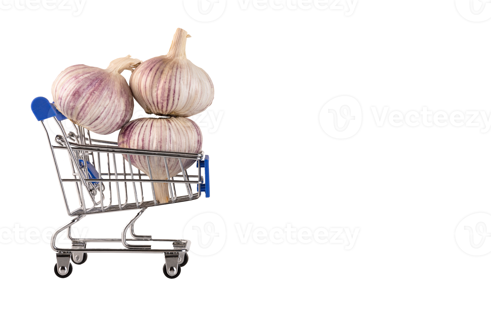 Garlic, head of garlic in a supermarket trolley on a transparent