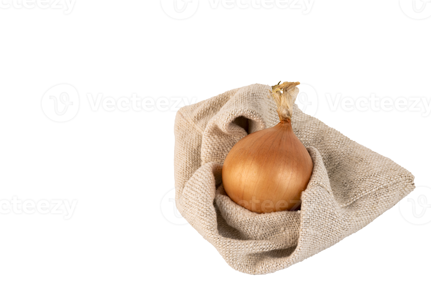 One large yellow onion in a husk in a linen bag, PNG, transparent background. png