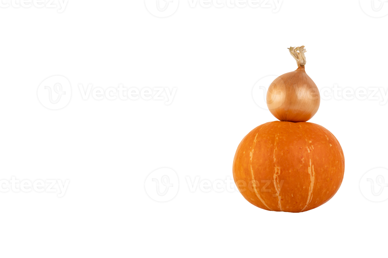 One yellow onion and an orange pumpkin are stacked in the form of a