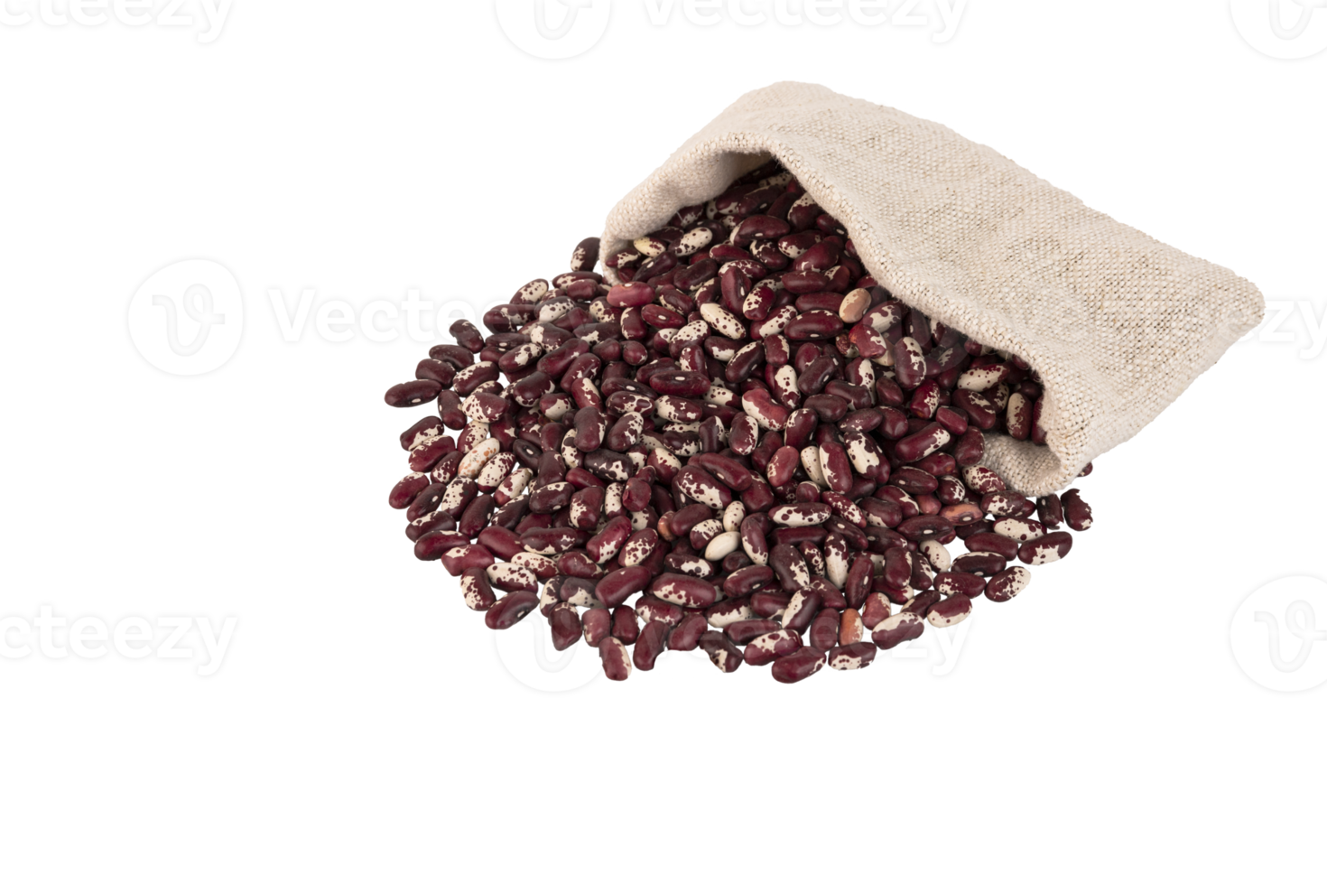 Colored beans, red and white bean seeds in a linen bag, PNG, transparent background. png