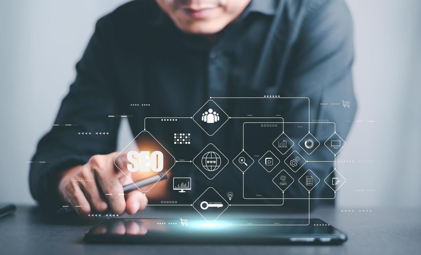 SEO concepts, optimization analysis tools, search engine rankings, social media sites based on results analysis data.Businessman showing virtual icons,marketing strategies. for business development photo