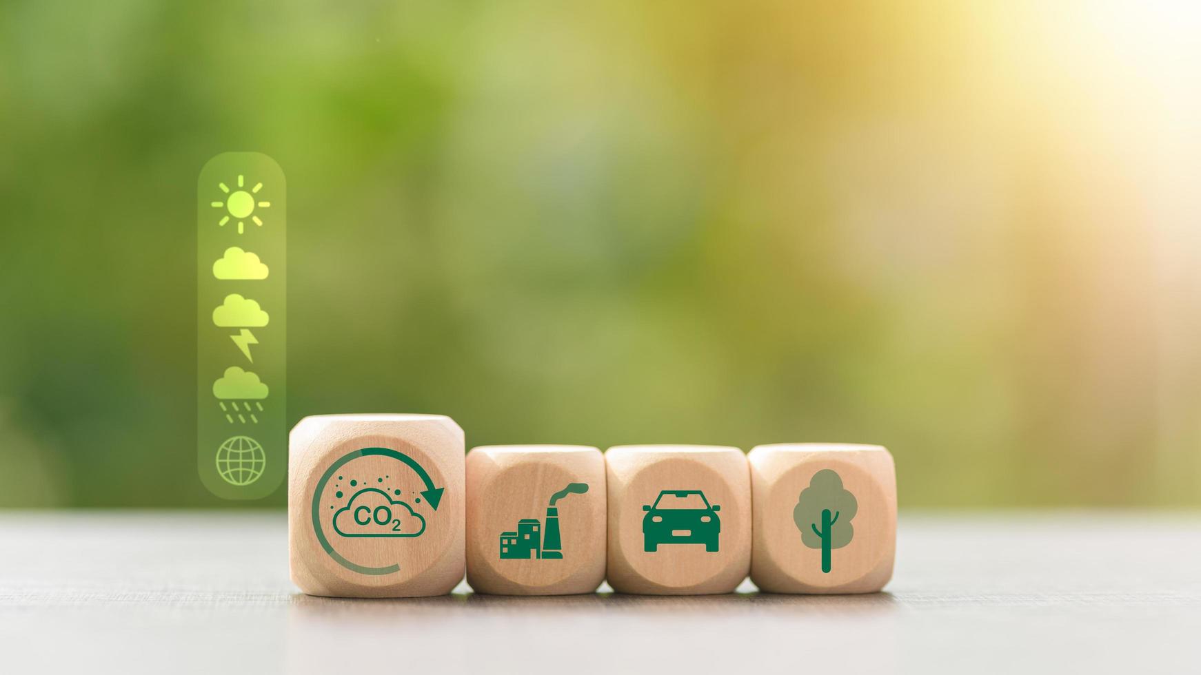 Industrial emissions pollute the environment and ecology. including climate change ,Carbon Reduction Agreement from Renewable Energy Reduce greenhouse gas emissions,wooden cubes arranged on the table photo