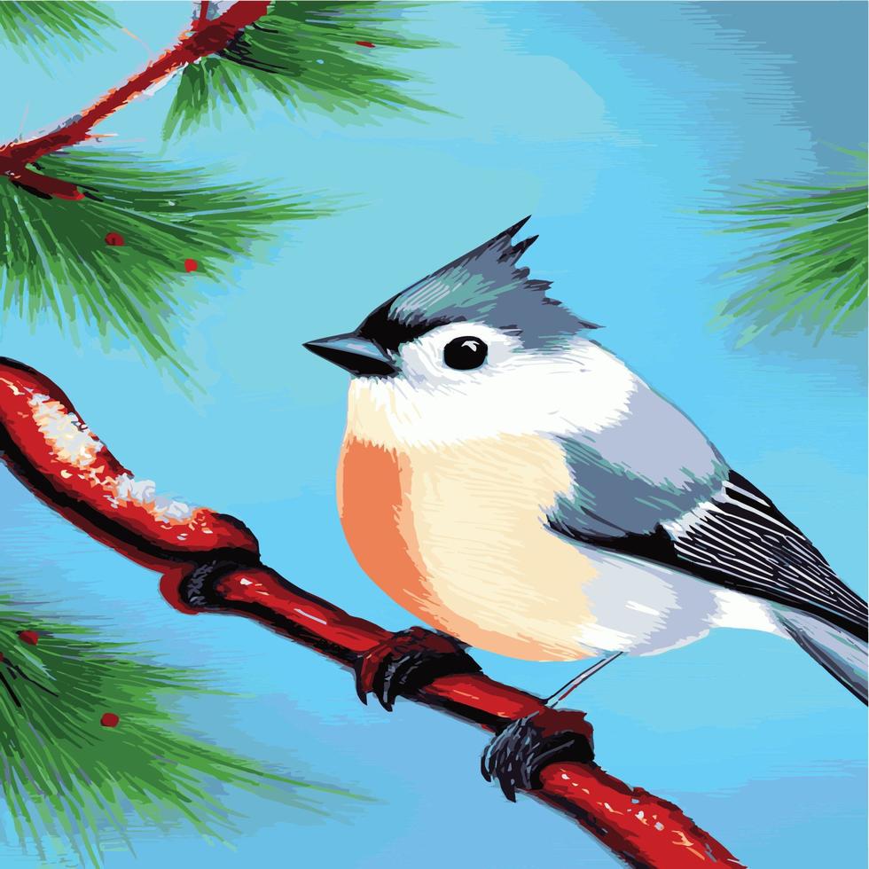 Vector realistic detailed vector illustration winter birds branches. Winter design elements Christmas, holidays. sitting branch. Winter background. Tree branch without leaves with flying birds.