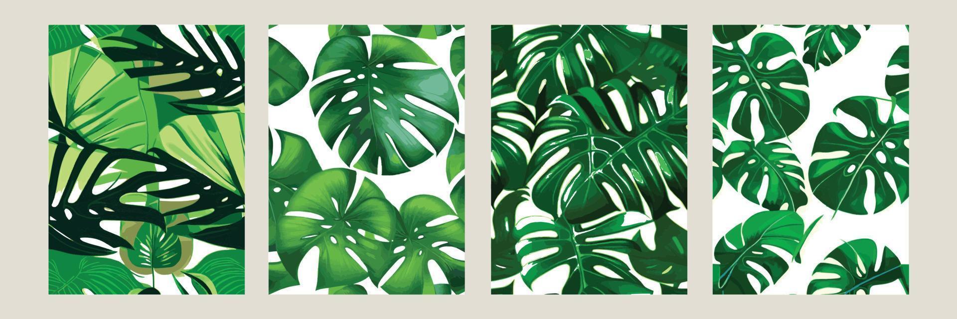 green monstera as a pattern on a white background. exotic pattern with tropical leaves. Vector illustration. set of square posters