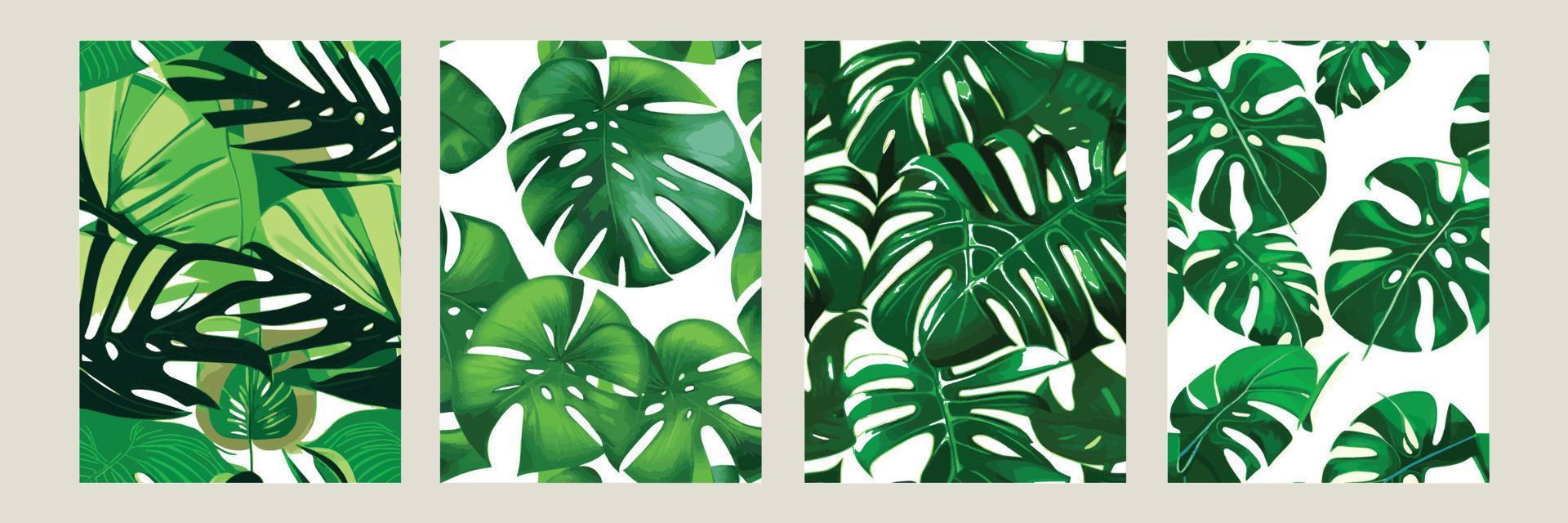 monstera verde como un patrón sobre un fondo blanco. patrón exótico con hojas tropicales. ilustración vectorial conjunto de carteles cuadrados vector