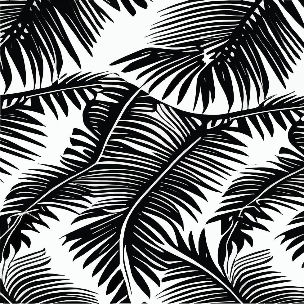Exotic leaves seamless pattern in black and white. Stylish abstract vector decorative background. Tropical palm leaves, jungle leaf seamless vector floral pattern. Grunge tropical style wallpaper.