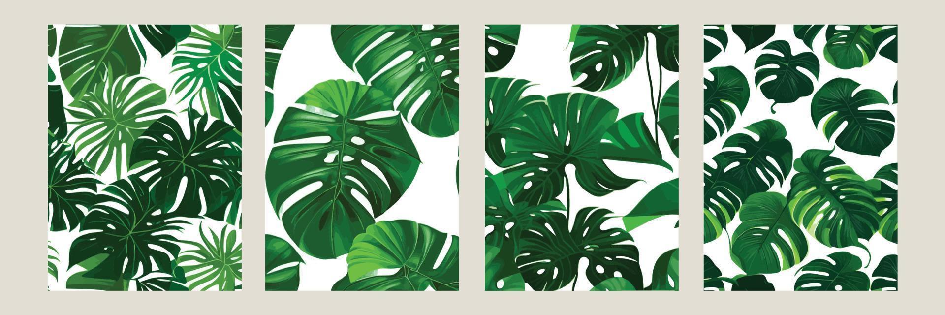 green monstera as a pattern on a white background. exotic pattern with tropical leaves. Vector illustration. set of square posters