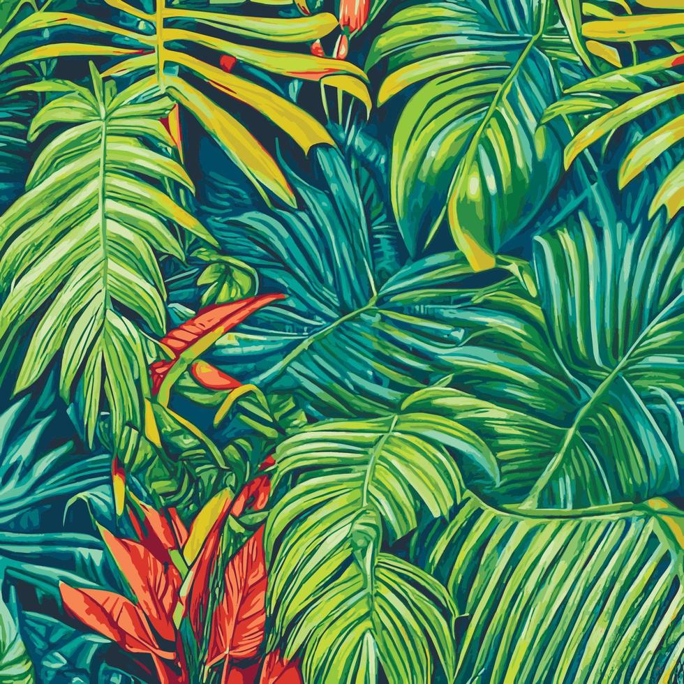 Jungle vector illustration with tropical leaves patern. Trendy summer print. Exotic seamless pattern. turquoise and green tropical leaves. Exotic jungle wallpaper.