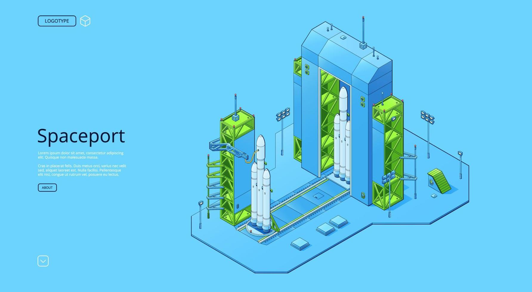 Spaceport isometric set with rocket on cosmodrome vector