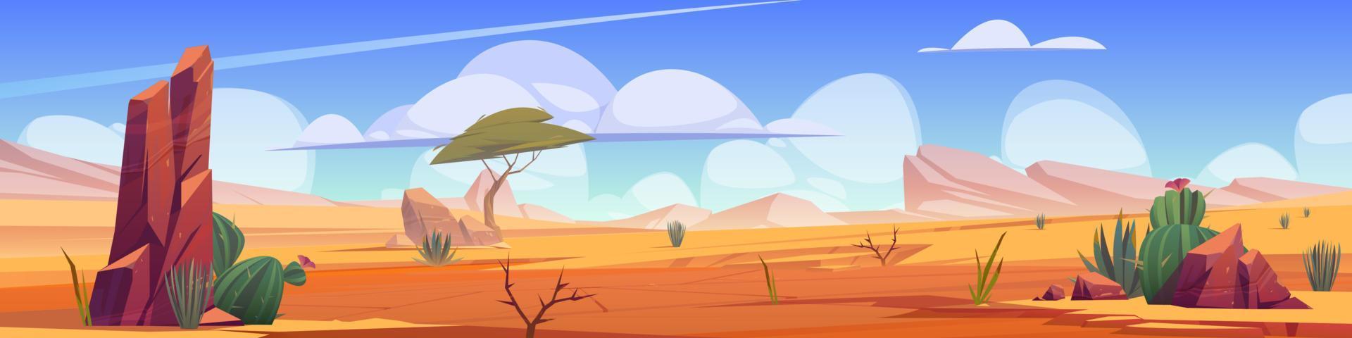 Hot desert landscape with sand, cactuses, rocks vector