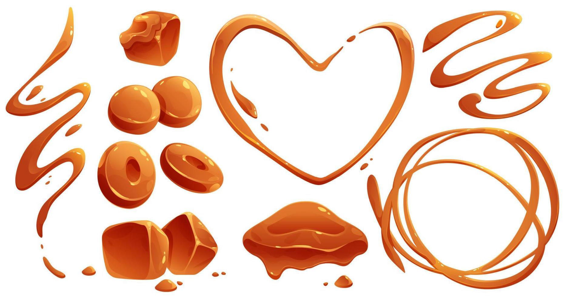 Toffee candies and liquid caramel splashes vector