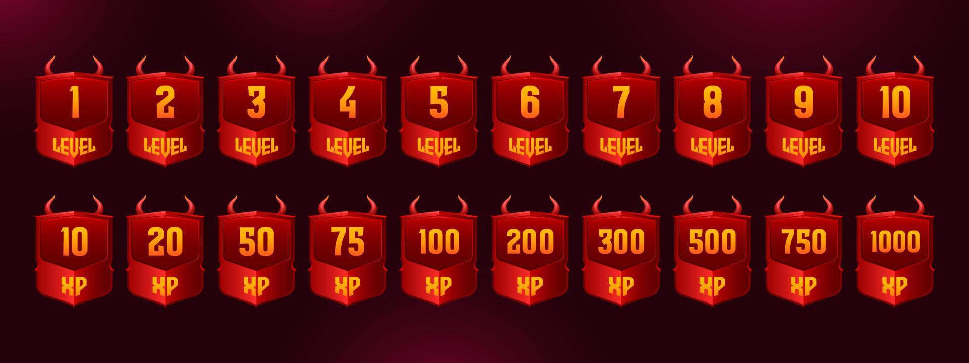 Red badges with game level number and xp points vector