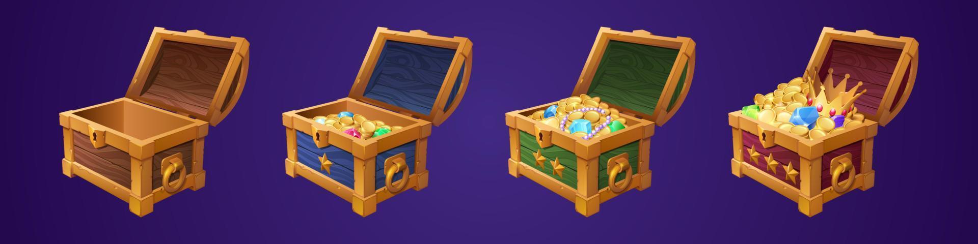 Chests with treasure, empty and full wooden trunks vector