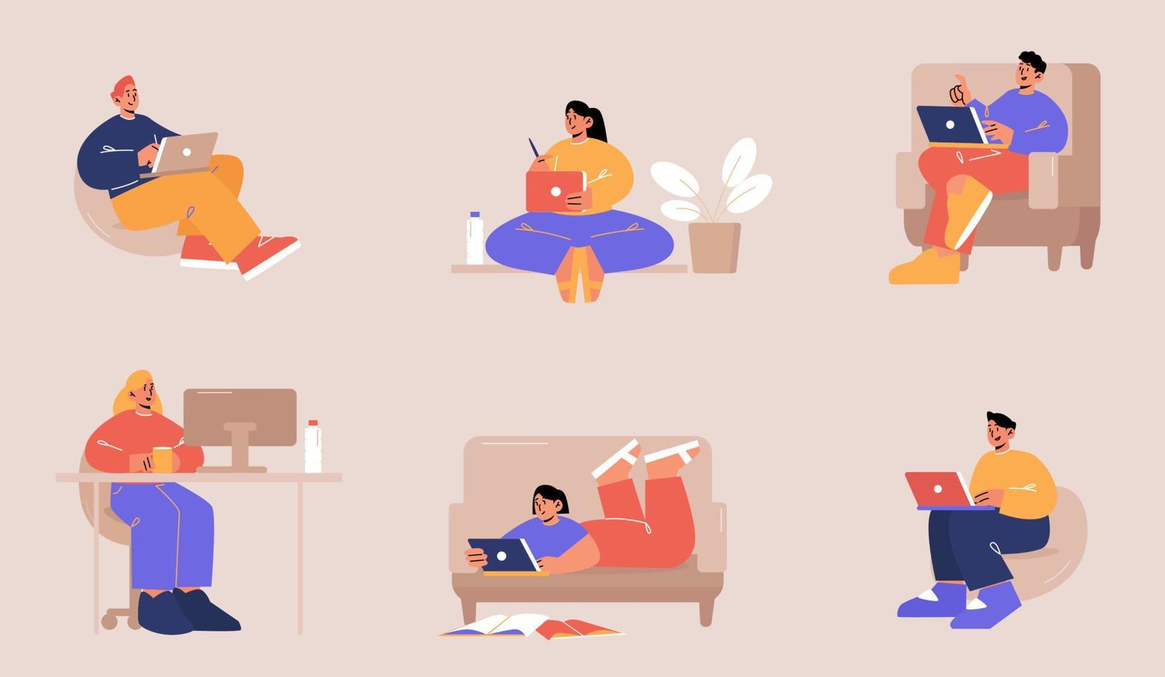 People work at home in different poses vector