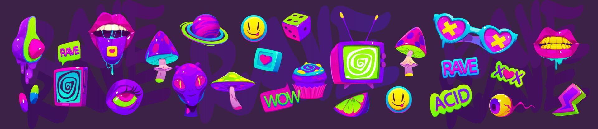 Acid stickers with aliens, mushrooms and tv vector