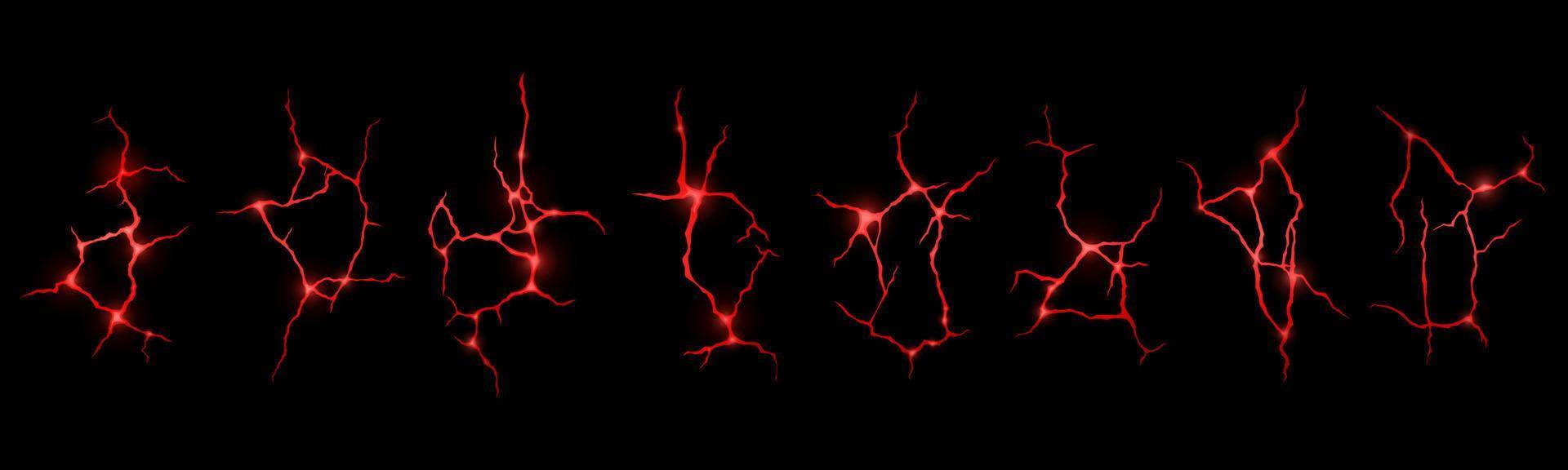 Ground cracks with red glow, lightning set vector