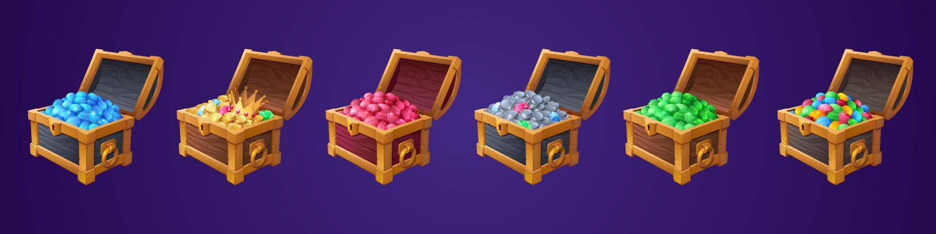 Treasure chests with gold and silver coins, gems vector