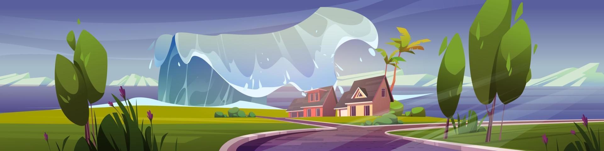 Sea beach with houses and tsunami wave vector