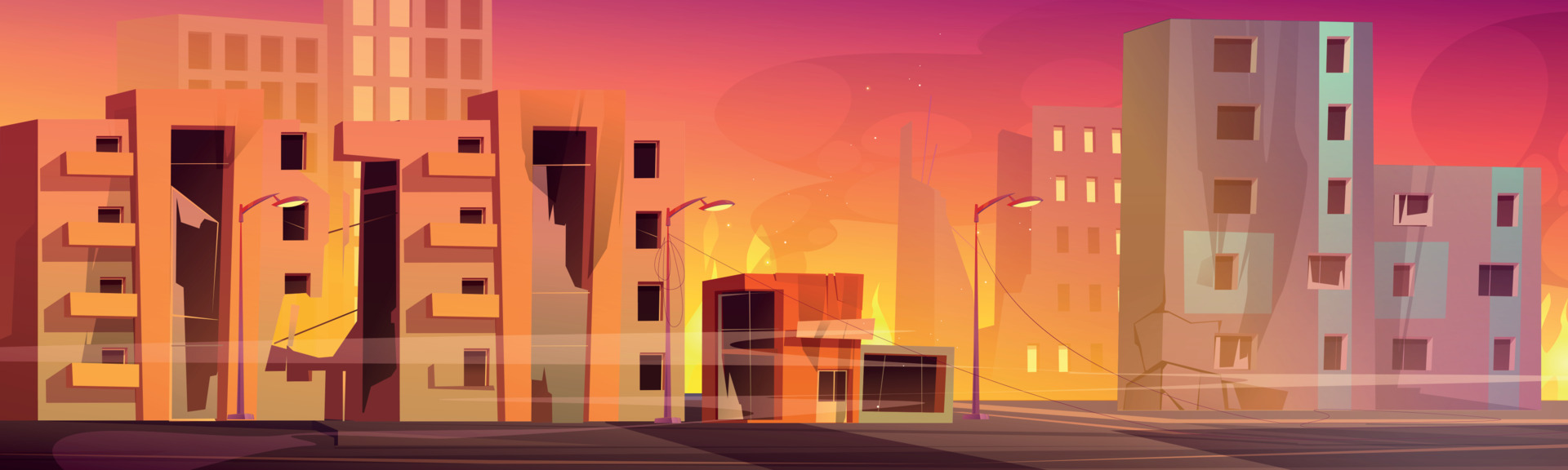 Destroyed city street with broken houses and fire 13396371 Vector Art