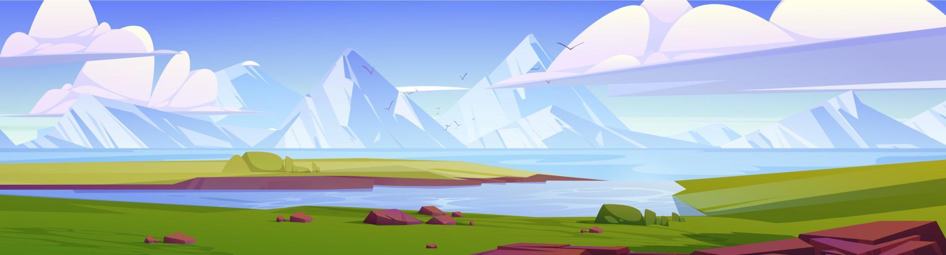 paisaje de verano con lago, campos y montañas vector