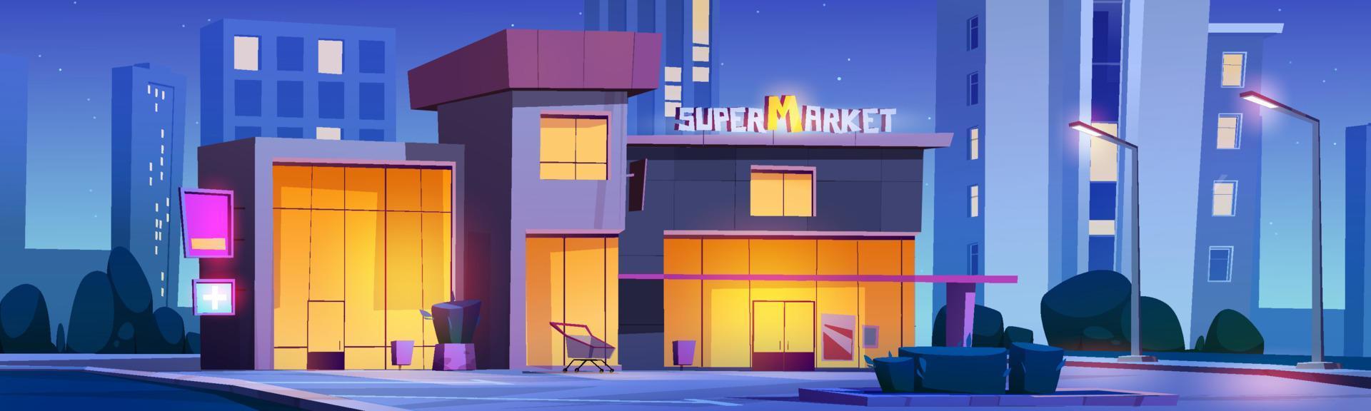 Supermarket building exterior on night city street vector