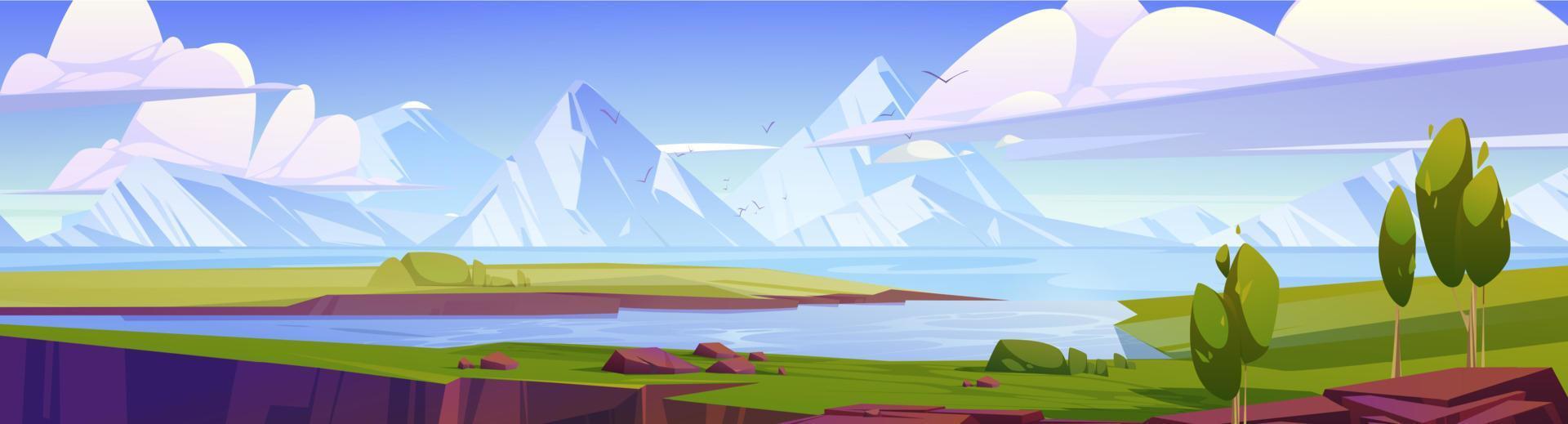 paisaje de verano con lago, campos y montañas vector