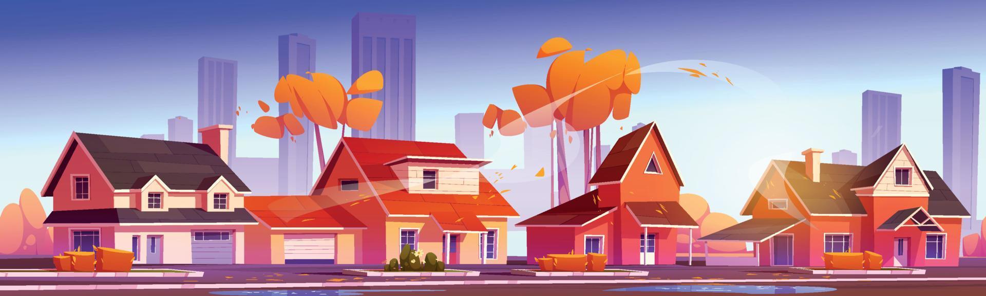 Street in suburb district with houses in fall vector