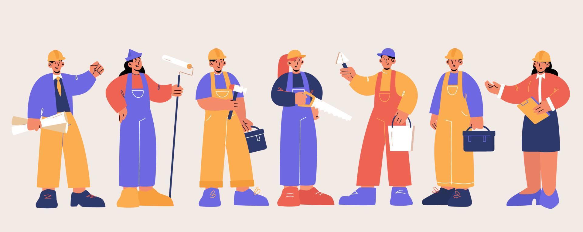 constructores, ingenieros y trabajadores en cascos vector